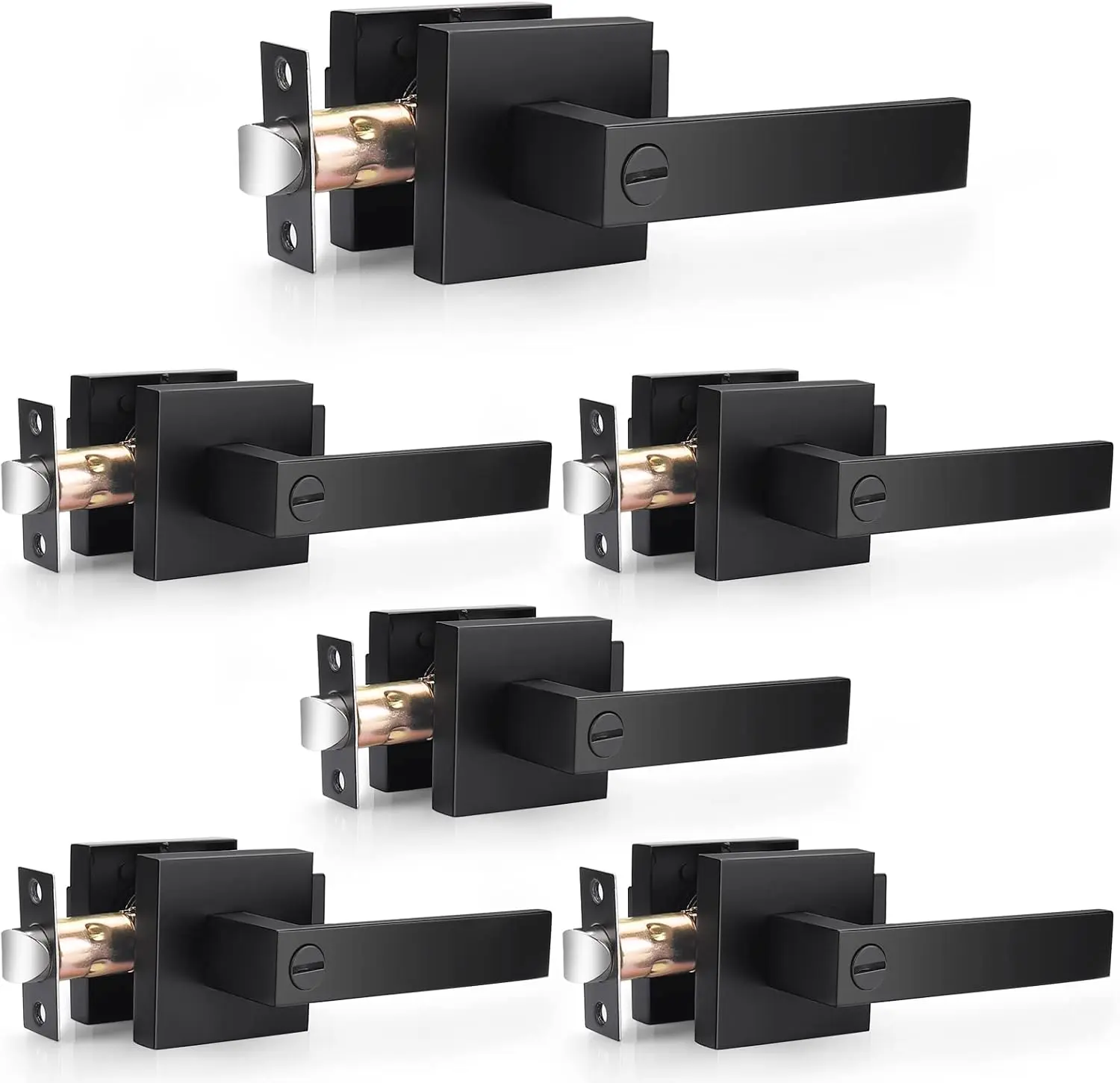 6 Pack Matte Black Door Handle, Keyless Interior Door Knobs Square Privacy Door Levers Heavy Duty Door Locks for Bedroom Bathroom, Reversible Interior Handles for Left & Right Handled Doors