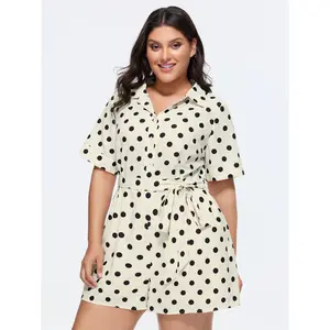 BloomChic Plus Size Women's Everyday Casual Polka Dot Romper in a Breathable Cotton Linen Fabric with Collar, Side Tie, and Pockets,Summerfinds