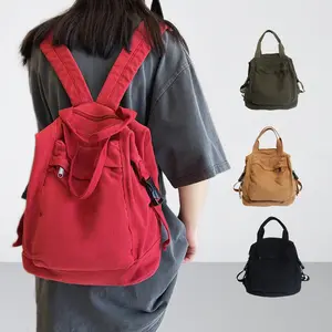 Unisex Japanese Preppy Canvas Backpack Vintage Classic Casual Daypack Solid Color Travel Bag