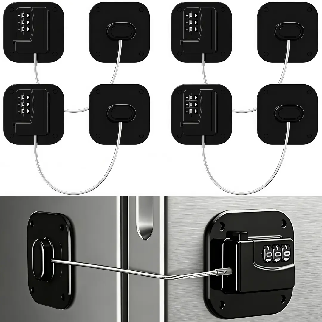 LMMAKE 4PCS Keyless Code Childproof Latches, No-Drill Door Hardware with Anti-Pinch Stop for Fridge Doors, Closets