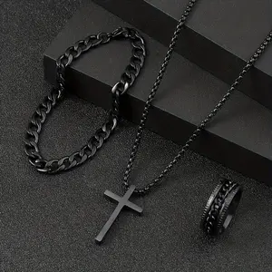 3pcs 3-Piece Men's Stainless Steel Cross Necklace Bracelet & Ring Set - Black