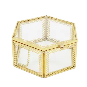 Hexagonal Glass Jewelry Box with Gold Frame, 4.7 x 4.3 x 2.3 inches, Ring Earring Organizer Display Case