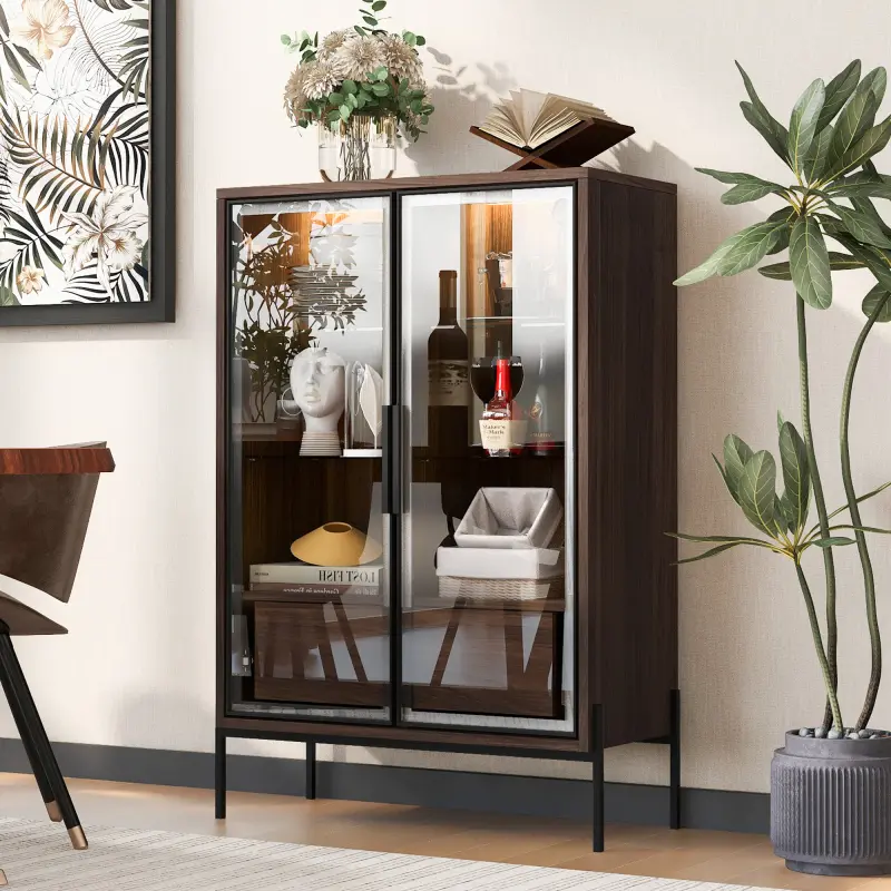 [Bellemave]51.2'' Freestanding Display Cabinet with 2 Storage Drawers, Pantry with Glass Doors & LED Lighting, Curio Cabinet with Glass Door & 4-Tier Adjustable Shelves for Living Room, Kitchen, Office - Walnut   WL RR