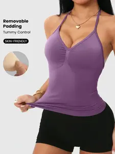 Women's Plain Halter Neck Sports Tank Top, Sporty Cami Top, Detachable Pads, Ideal for Fitness Running Yoga, Casual Sportswear for All Seasons