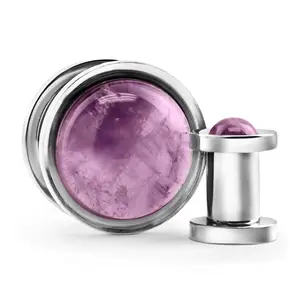 Cabochon Amethyst Stainless Steel Screw Back Tunnel Plugs
