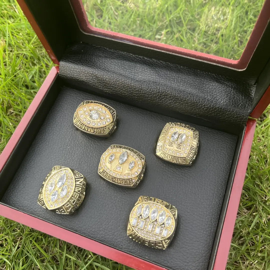 Men's Gold Plated Football Championship Ring Set, Size 11 Rhinestone Alloy Sports Jewelry with Wooden Display Box for Fans, Sports Rings, Daily Wear Rings