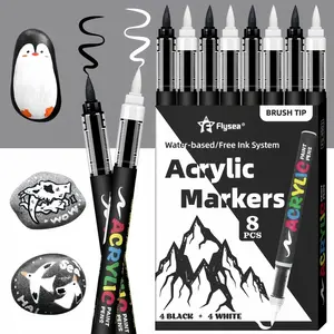 Acrylic Paint Pens, Automatic Ink Control System,Soft Brush Tip Markers,Black and White Paint Marker,for Canvas, Rock, Wood, Stone, Glass, Ceramic, Fabric Painting, DIY Crafts, Art Supplies