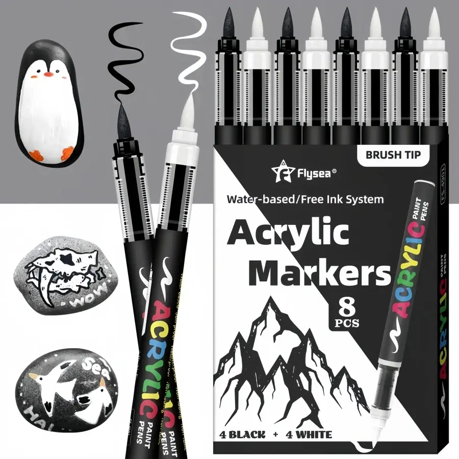 Acrylic Paint Pens, Automatic Ink Control System,Soft Brush Tip Markers,Black and White Paint Marker,for Canvas, Rock, Wood, Stone, Glass, Ceramic, Fabric Painting, DIY Crafts, Art Supplies, Art Drawing Supplies, Acrylic Markers Set