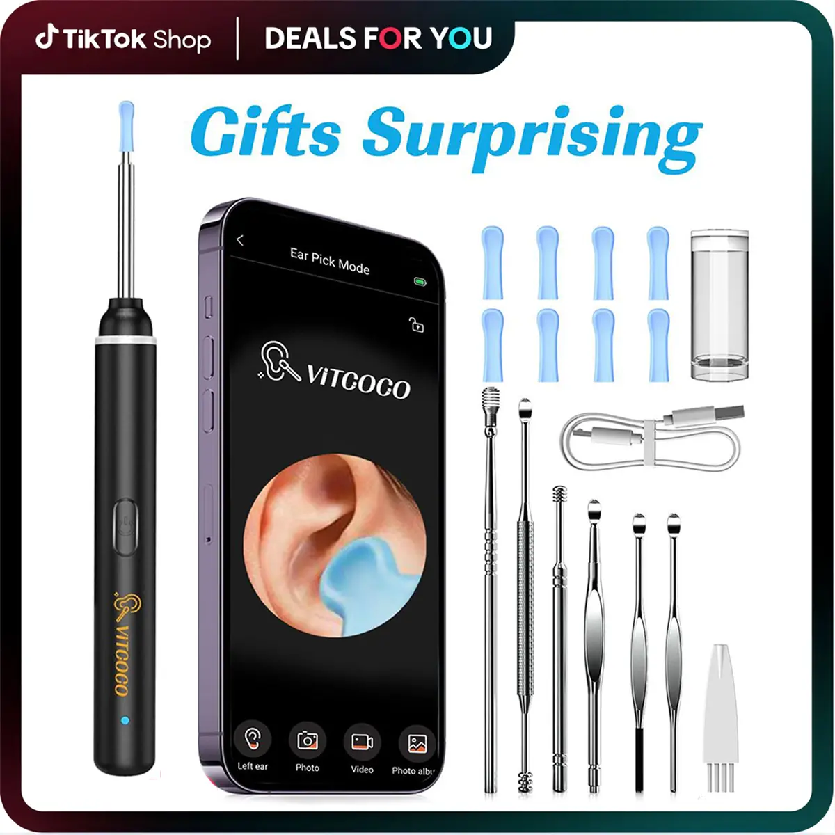 VITCOCO Electronic Ear Cleaner Otoscope, 1920P HD Camera Ear Cleaning Tool with 6 LED Lights, 8-Piece Waterproof Silicone Set for iPhone & iPad, Mother's Day Gift (Earwax Removal Products), Earwax Remover Tool, Earwax Cleaning Kit, Digital Camera