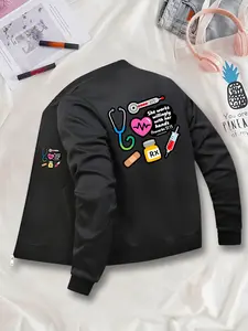 Women's Casual Everyday Graphic Jacket, Fitted Polyester Zipper Pocket Design, All Season Wearable Outerwear, Coats, Sizes S to Xxl