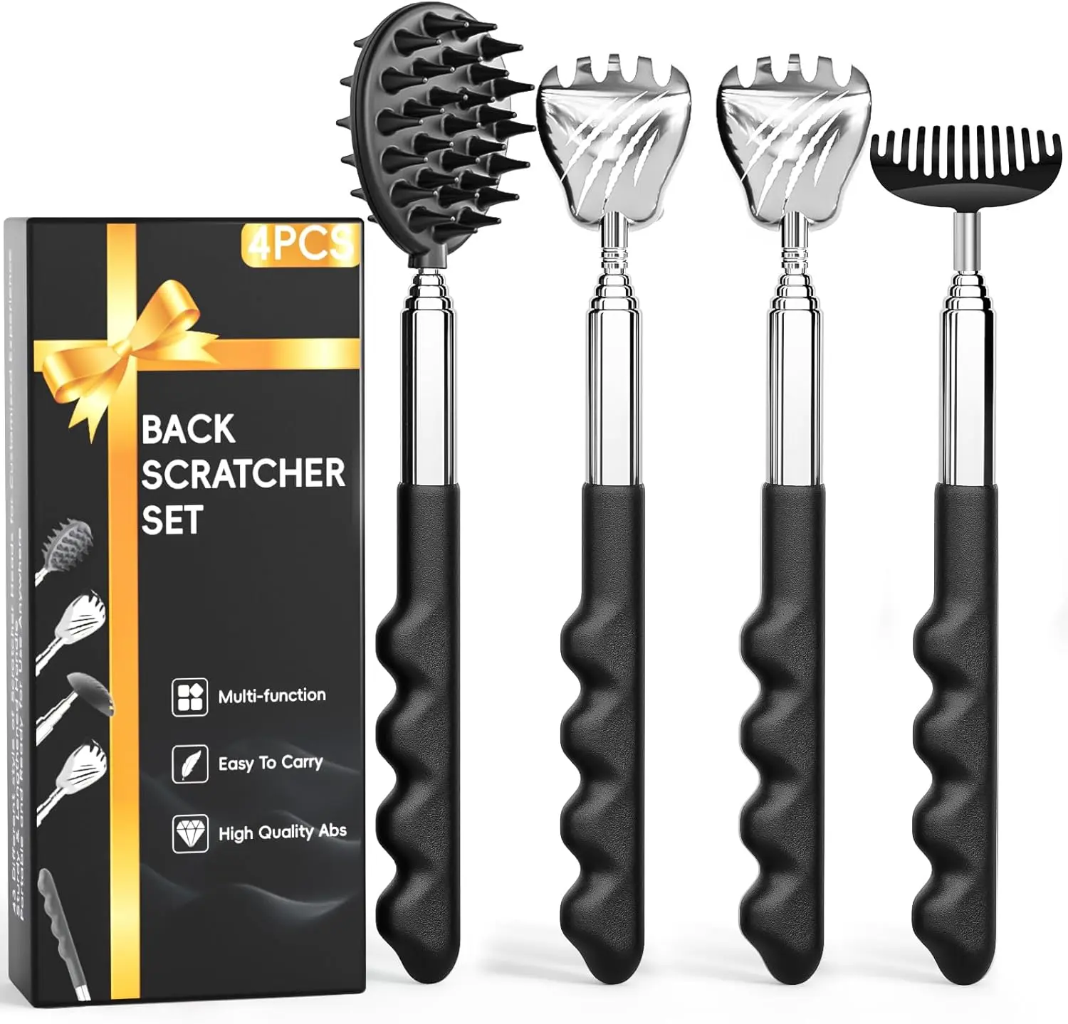 Mother's Day Gift 4-Pack Versatile Telescoping Back Scratcher Set – Different Heads with Rubber Handles | Father’s Day, Gifts & Cool Gadgets for Men