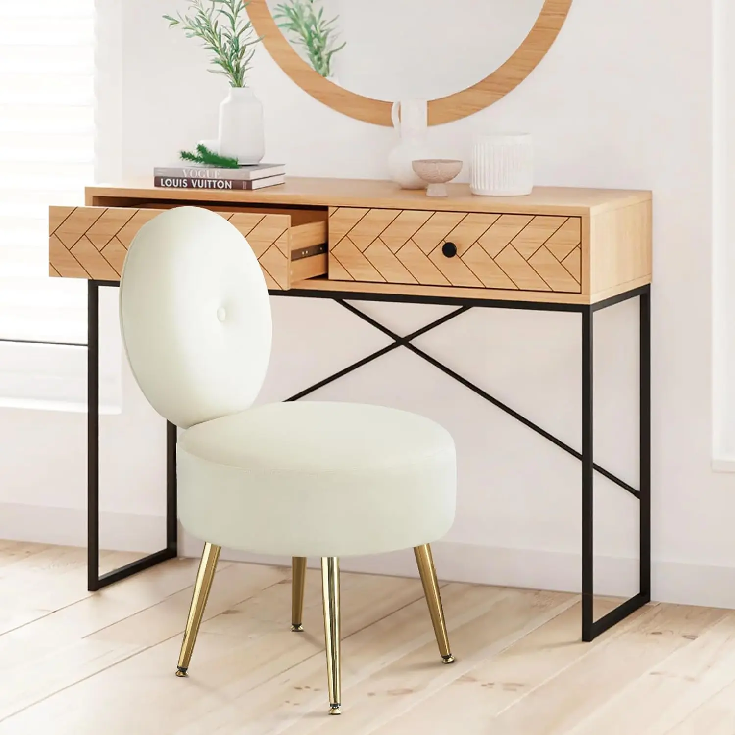 FURNIMART Upholstered Vanity Stool with Back - Modern Round Velvet Makeup Chair with Gold Legs/Wheels, Bedroom/Bathroom Accent Chair, Upholstered Stool