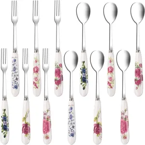 12 Pieces Forks and Spoons with Ceramics Handle, Stainless Steel Utensils Dessert Spoons and Forks Set for 6, Cutlery Set with Flower Pattern, Flatware Sets for Home Restaurant and Kitchen