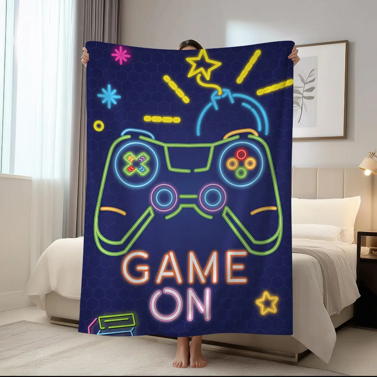 1pc neon illuminated game controller printed flannel blanket, comfortable, soft, warm nap blanket, suitable for sofas, beds, cars, rooms, offices, camping, multifunctional bed blanket, Cozy Throw Blanket, Soft Throws Blanket