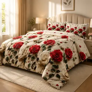 U-Shape Quilted Comforter Set, 1 Comforter + 2 Pillowcases, HD Printed Red White Rose Bedding Set, 200GSM Fill Soft Comfortable Bed Quilt with Good Resilience