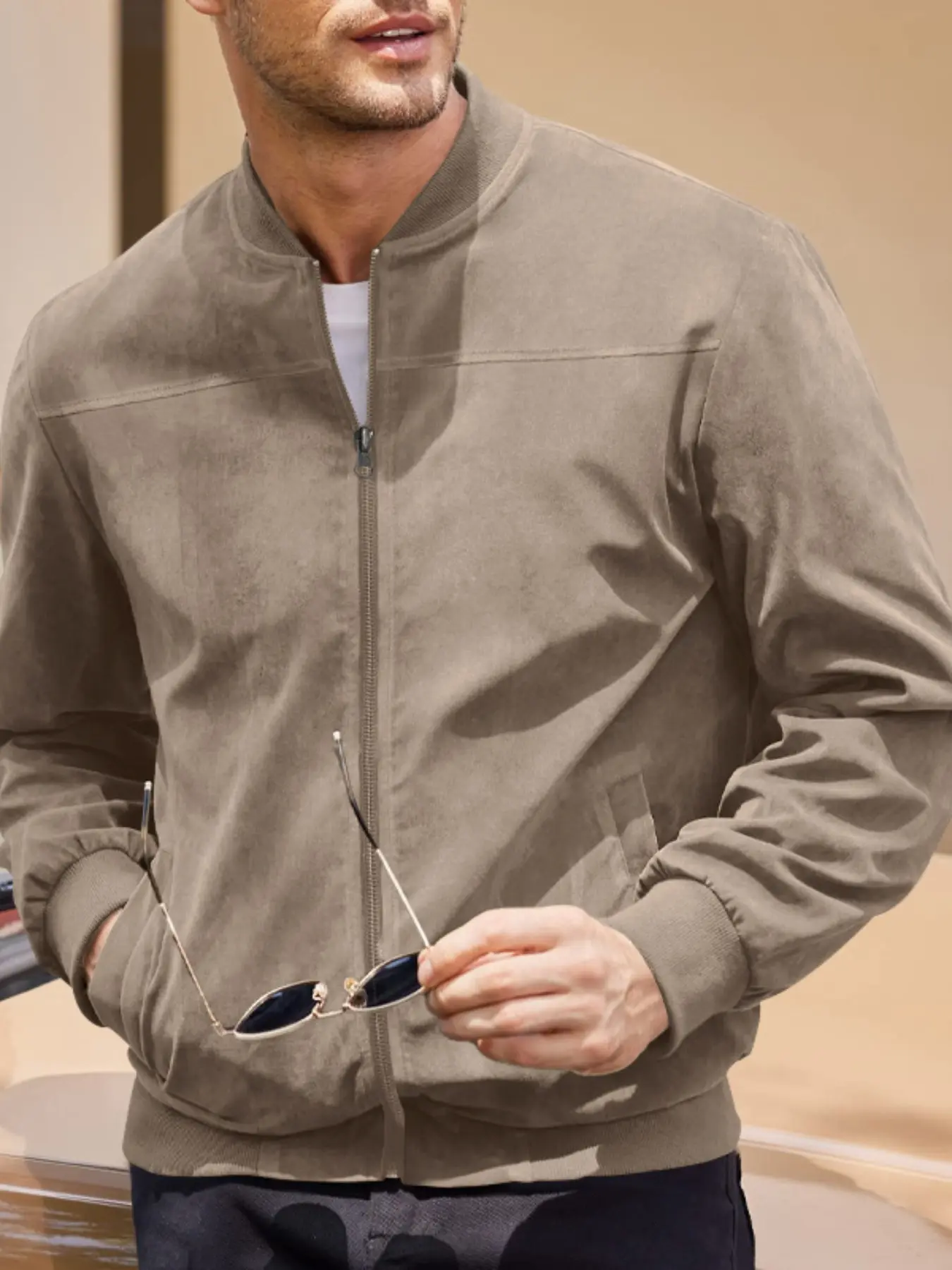 Men's Autumn Suede Fitted Long Sleeve Jacket Coat Outerwear with Zipper Design, Multi-Pocket Skin-Friendly Outdoor Casual Essential Menswear for Men's Wardrobe Casual Outdoor Outerwears