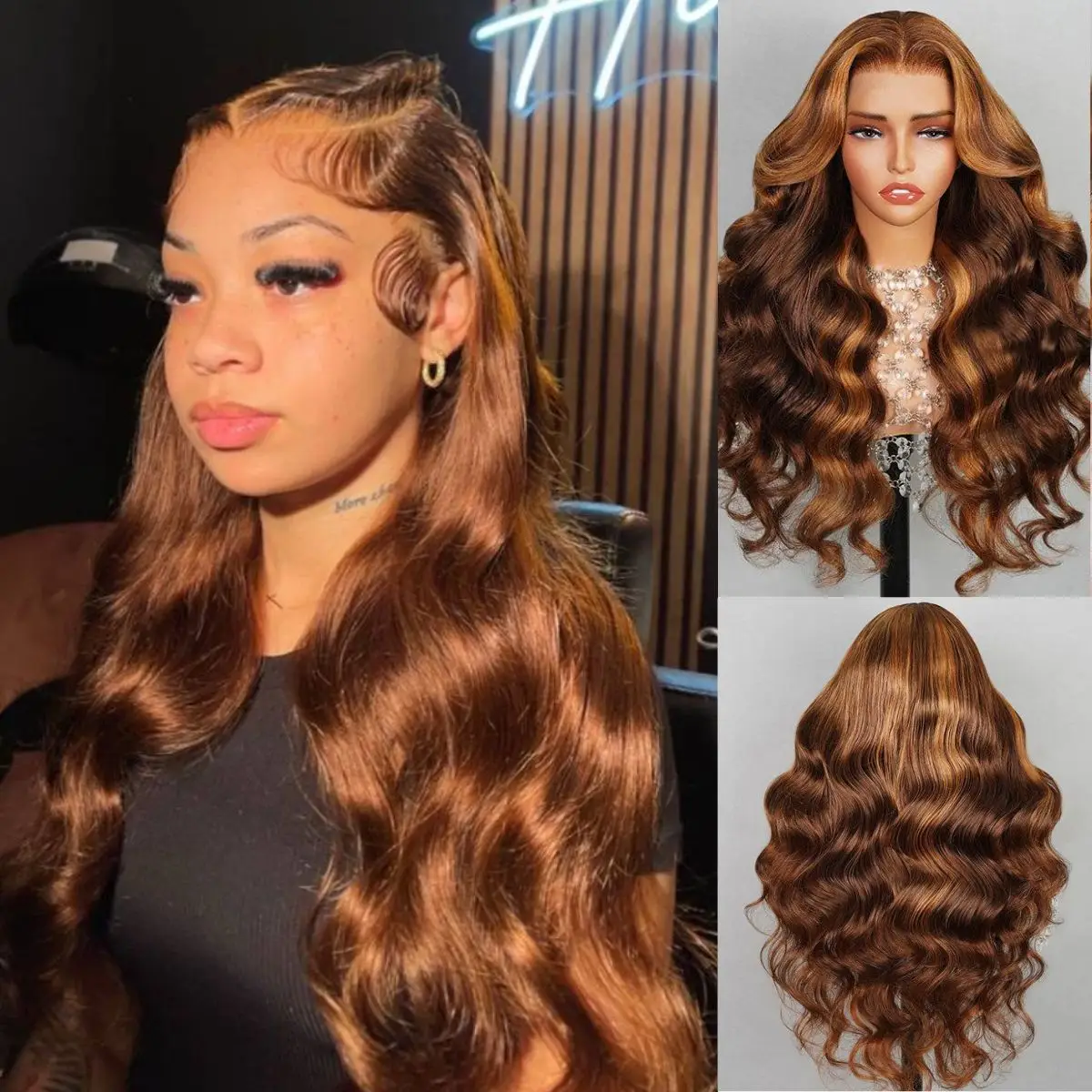 [Hot] 13X4 Lace Balayage Highlight Brown Body Wave Wig Human Hair Full HD Lace Front Pre Plucked Hairline and Bleached Knots Affordable Wigs For Black