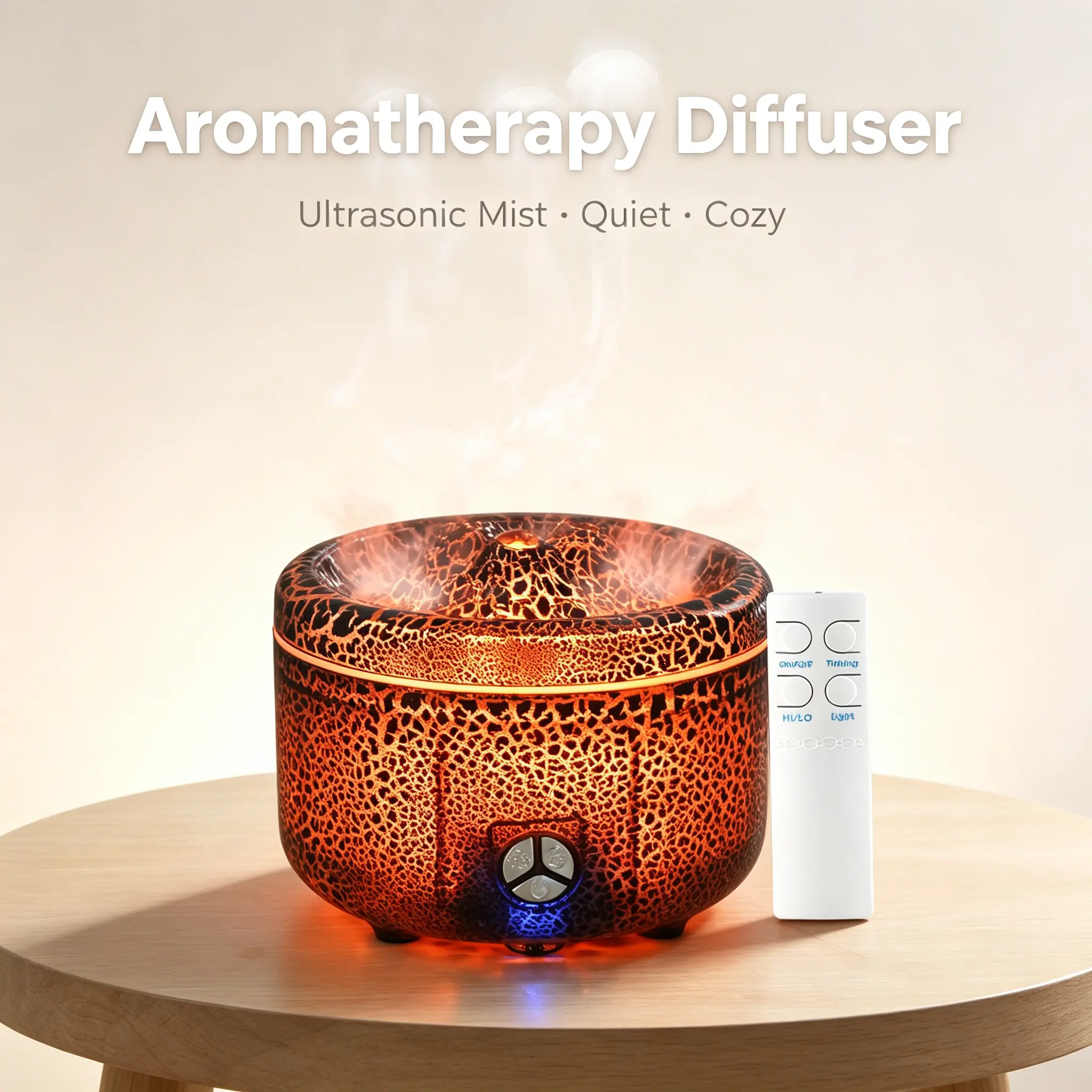 300ml Volcanic Bowl Ultrasonic Humidifier & Aroma Diffuser - Retro Look, Mist & Light, Wireless Remote Timer, 2/8H Timer, Quiet Large Fogger, Cracked Flame Ambient Light, Essential Oil Compatible for Home Office Gift