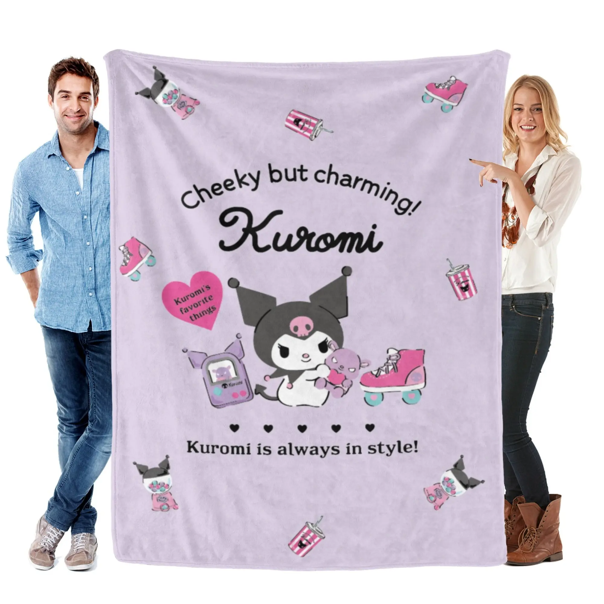 [SummerVibes] SANRIO Kuromi "Cheeky but Charming" Flannel Blanket - Soft Y2K Retro 2D Print Throw, Cozy Multi-Use for Home, Bed & Office Nap