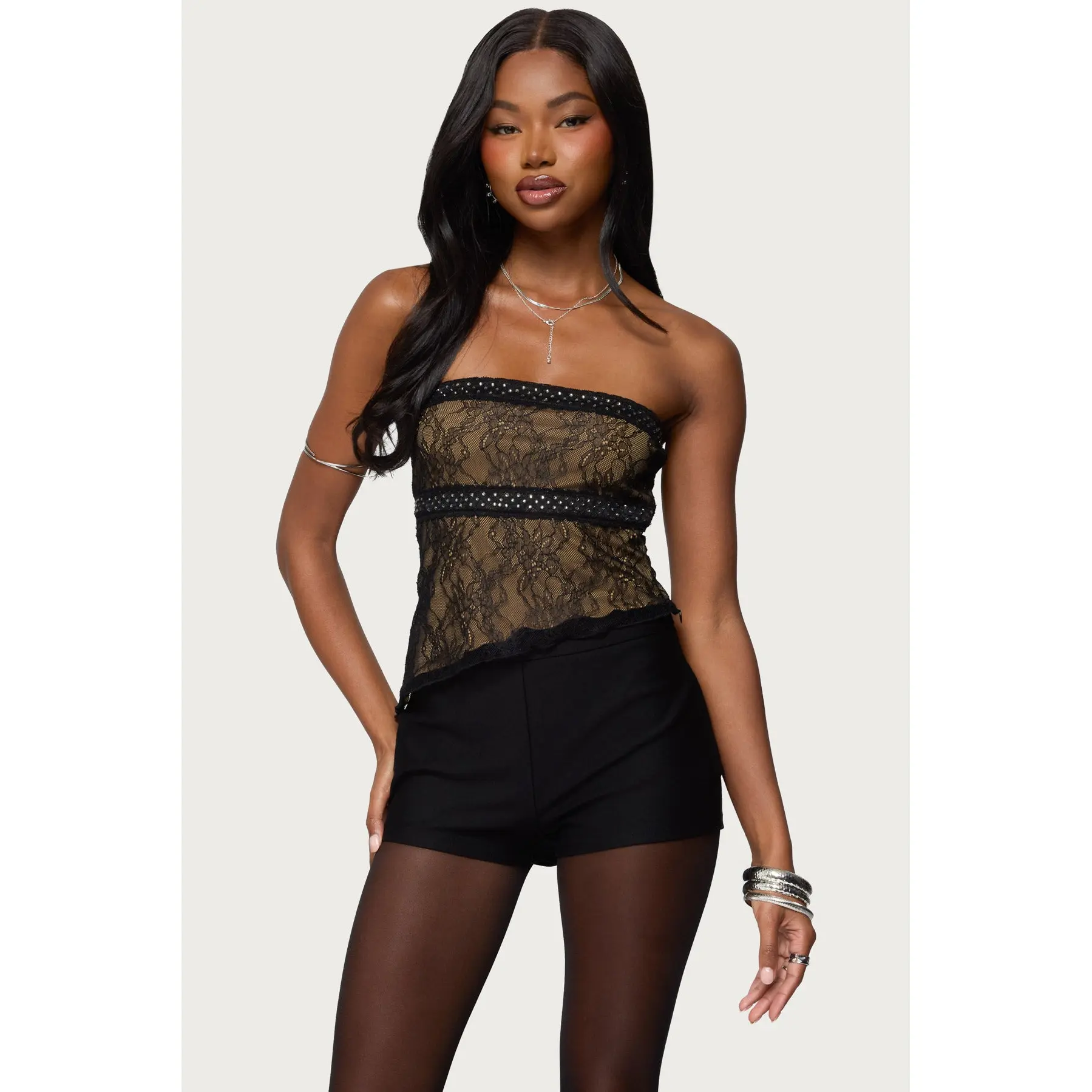 Fia Rhinestone Strapless Lace Top