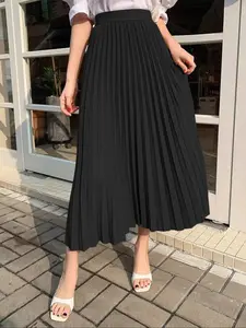 Women's Solid Pleated Formal Fashion Skirt, Elegant Fashion Casual Long Flared Skirt for Work Office Business, Ladies Bottoms for All Seasons