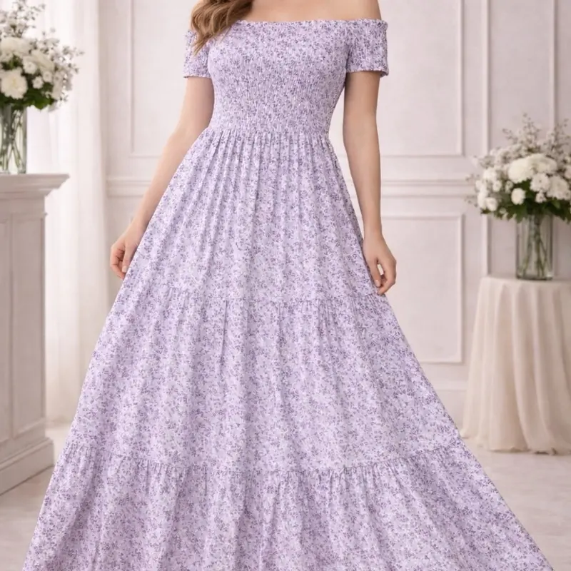 Elegant Off-Shoulder Maxi Dress in Soft Lavender with Delicate Floral Print