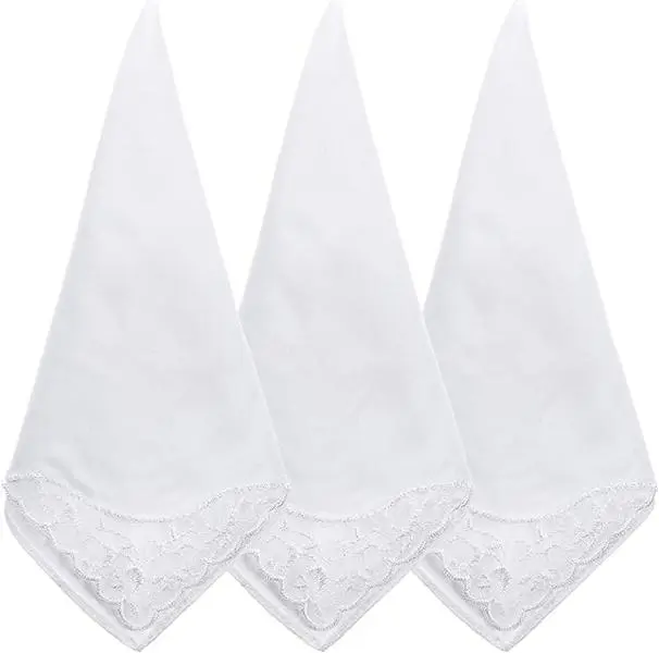 Women's Lightweight Cotton 3-Ply Multipack Handkerchiefs - 3-Piece Pure White Pocket-Sized Modern Fashion Clothing Accessory, Cotton Fabric, Elegant, Embroidered Scalloped Edge, Modern Handkerchiefs, Cotton Fabric Handkerchiefs