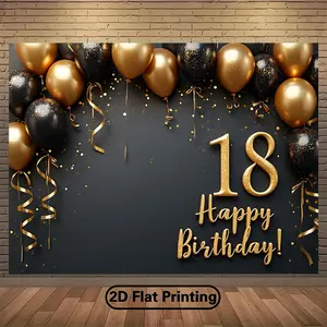 2D flat banner, with a black and gold balloon background, is perfect for decorating 18th birthday parties, as well as anniversary celebrations and other events. Made of polyester fiber, dyz