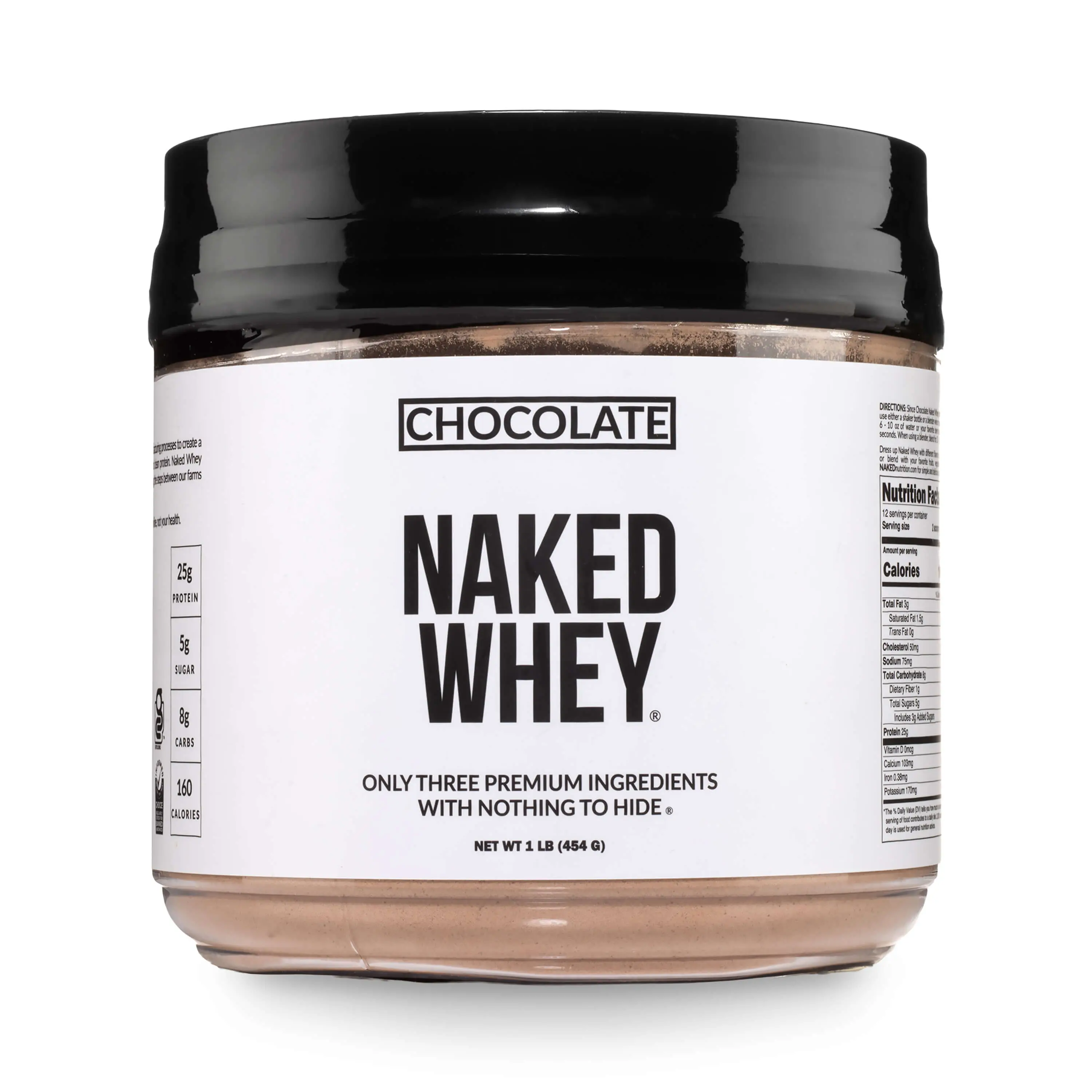 Naked Whey Chocolate Protein Powder - 1LB Grass-Fed, Non-GMO, No Additives, 25g Protein, 5.9g BCAAs - Only 3 Ingredients