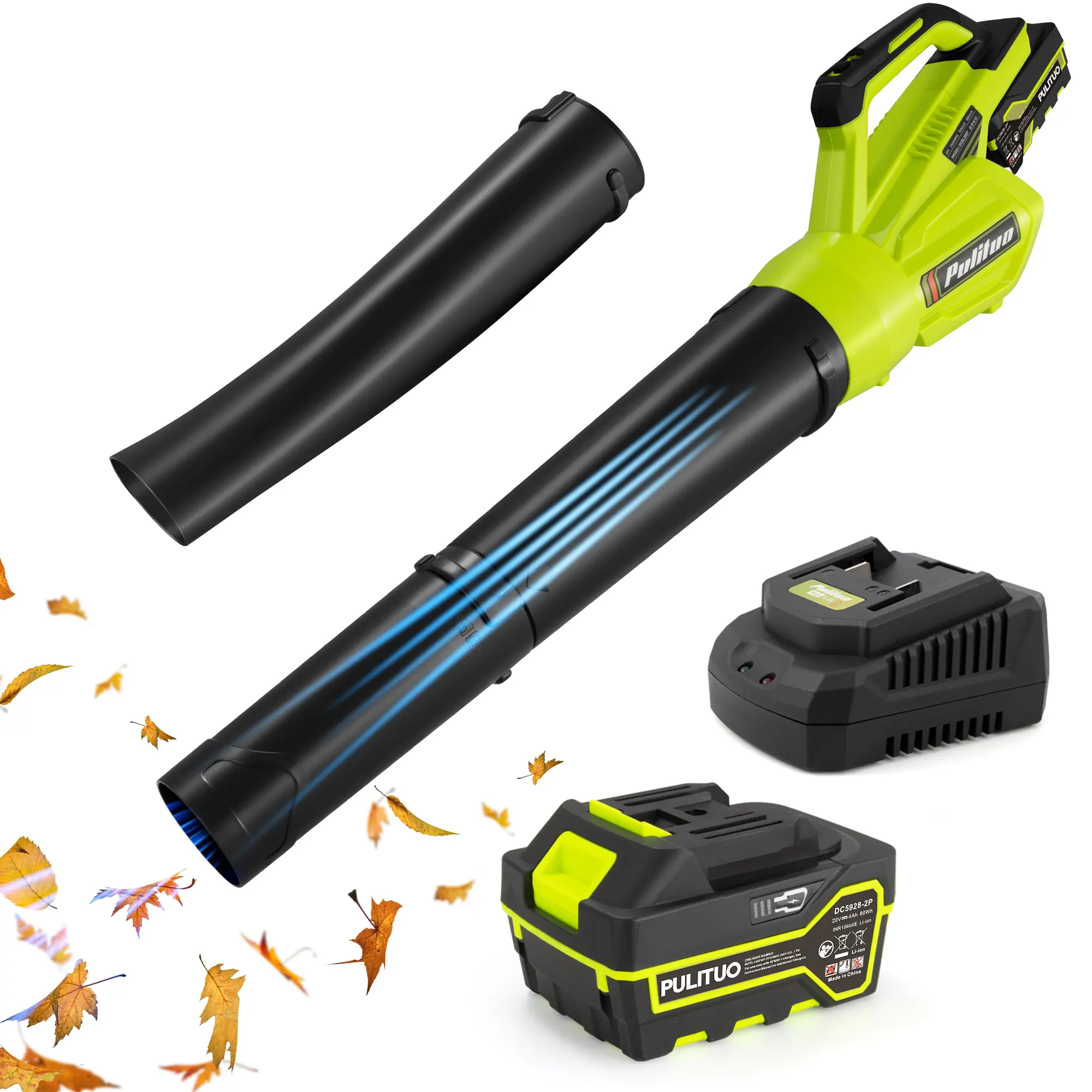 PULITUO 20V Cordless Battery Operated High Speed Leaf Blower - 2000mAh Lithium Power, Rubber Grip, Axial Fan, 2 Nozzles, Single/Dual Battery Options, Multi Colors, Lawn Patio Leaves Cleanup Tool (20 Minutes Runtime)