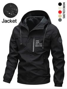 men's letter patched pocket zipper hooded jacket, casual long sleeve drawstring thermal lined outerwear for fall & winter, men's clothes for daily wear