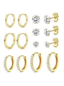 Unisex Hypoallergenic Material Stainless Steel Earrings Set, Geometric Patterns, Multi-Prong Piercing Compatible, 14k Gold Plated Cartilage Studs, All Seasons Wear