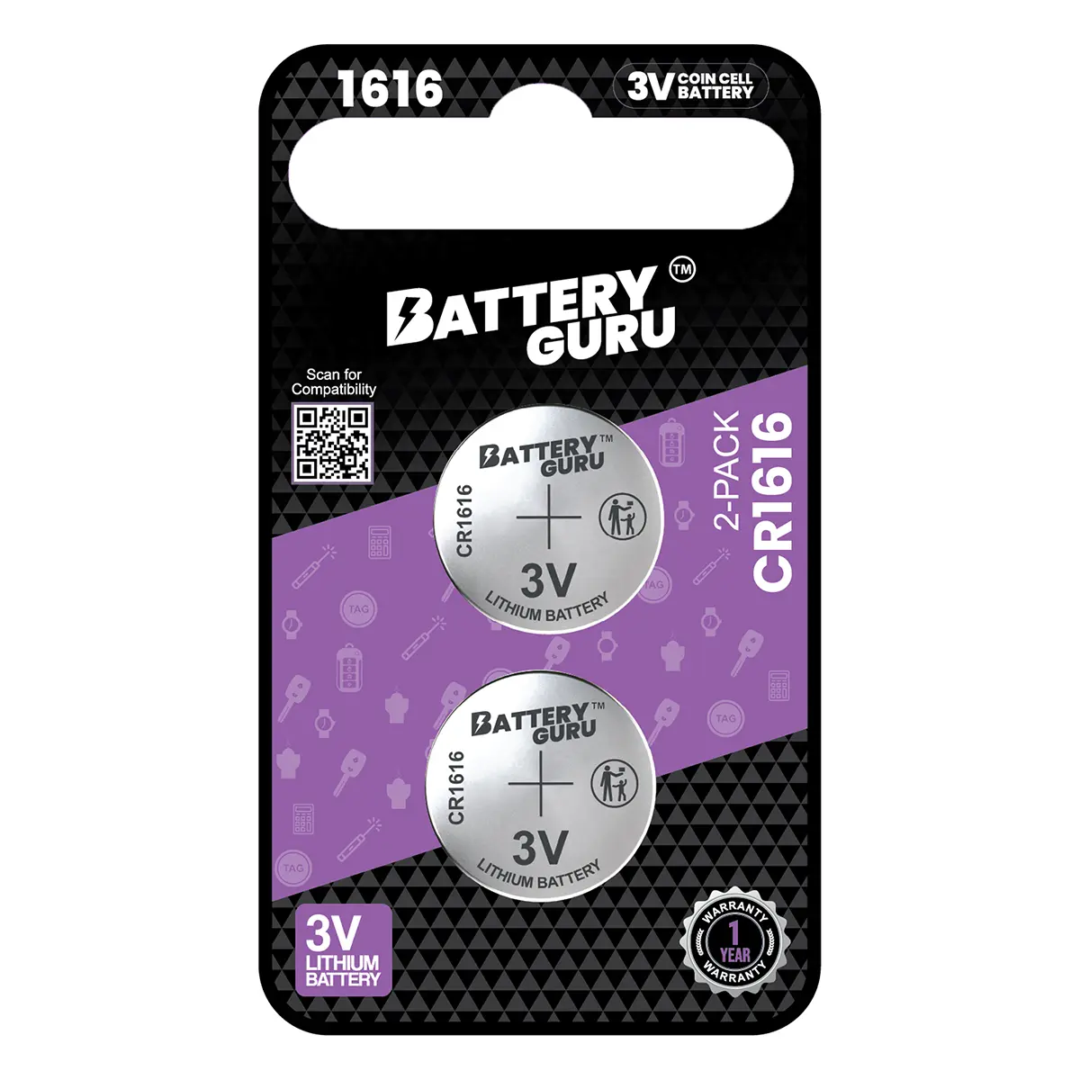 BatteryGuru Car Key Batteries CR1616 3V (Pack of 2) Power