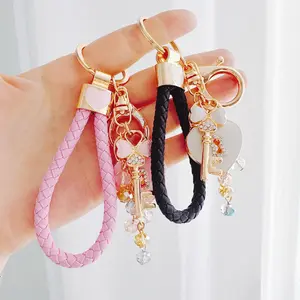 Cute Metal Rhinestone Heart Key Lock Crystal Keychain with Love Lanyard Exquisite Couple Gift Romantic Design