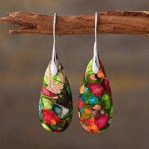 Natural Gemstone Teardrop Dangle Earrings, Healing Drop Earrings, Bohemia Earrings, Inner Peace Meditation Grounding Earrings Christmas Gift for her, Gift for Mother (Random Mixed Color) Daily