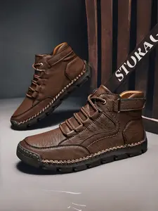 Men's Boots High Top Shoes, Casual Chelsea Boots, Solid Color Boots, Anti-Slip Wear-Resistant Flat Sole, Trendy Versatile Laced Board Shoes