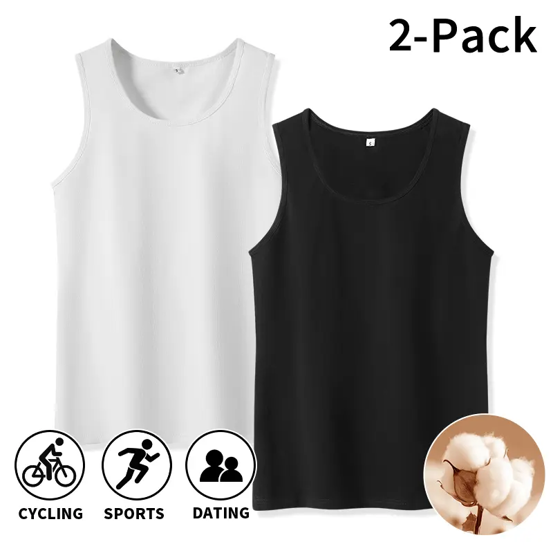 Men's Cotton Tank Tops, 2-Pack - Solid Color Sleeveless U-Neck Undershirts, Soft Breathable Athletic Vests for Sports, Everyday Wear, Activewear Sleeveless, Athletic Fitness Clothes, Sleeveless Gym Tops