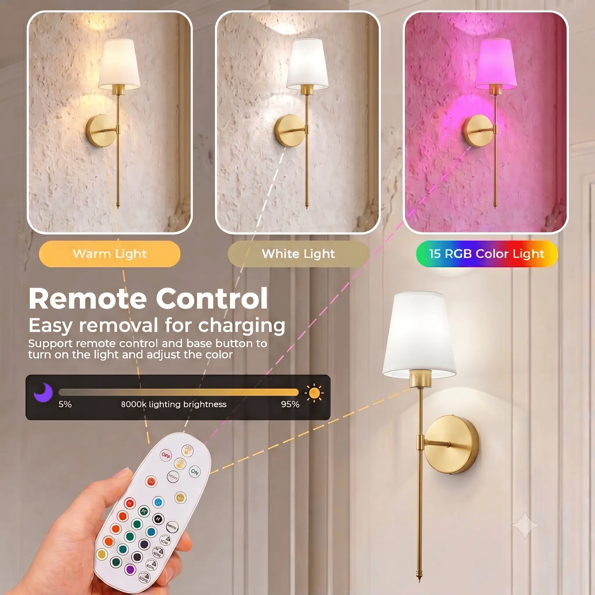 2-Pack Wireless Wall Sconces - Rechargeable Battery Operated, Remote-Controlled, RGB Color Changing & Dimmable LED Wall Lights for Bedroom, Living Room, Hallway (Gold/Black) | Home Improvement Lighting