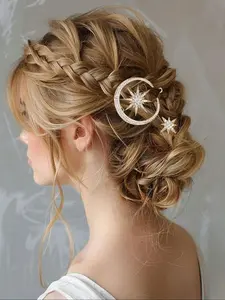 Moon & Star Design Hair Clips, Vintage Rhinestone Decor Hair Accessories for Women, Elegant Alloy Hair Clips for Party, Wedding, Festival, Vacation