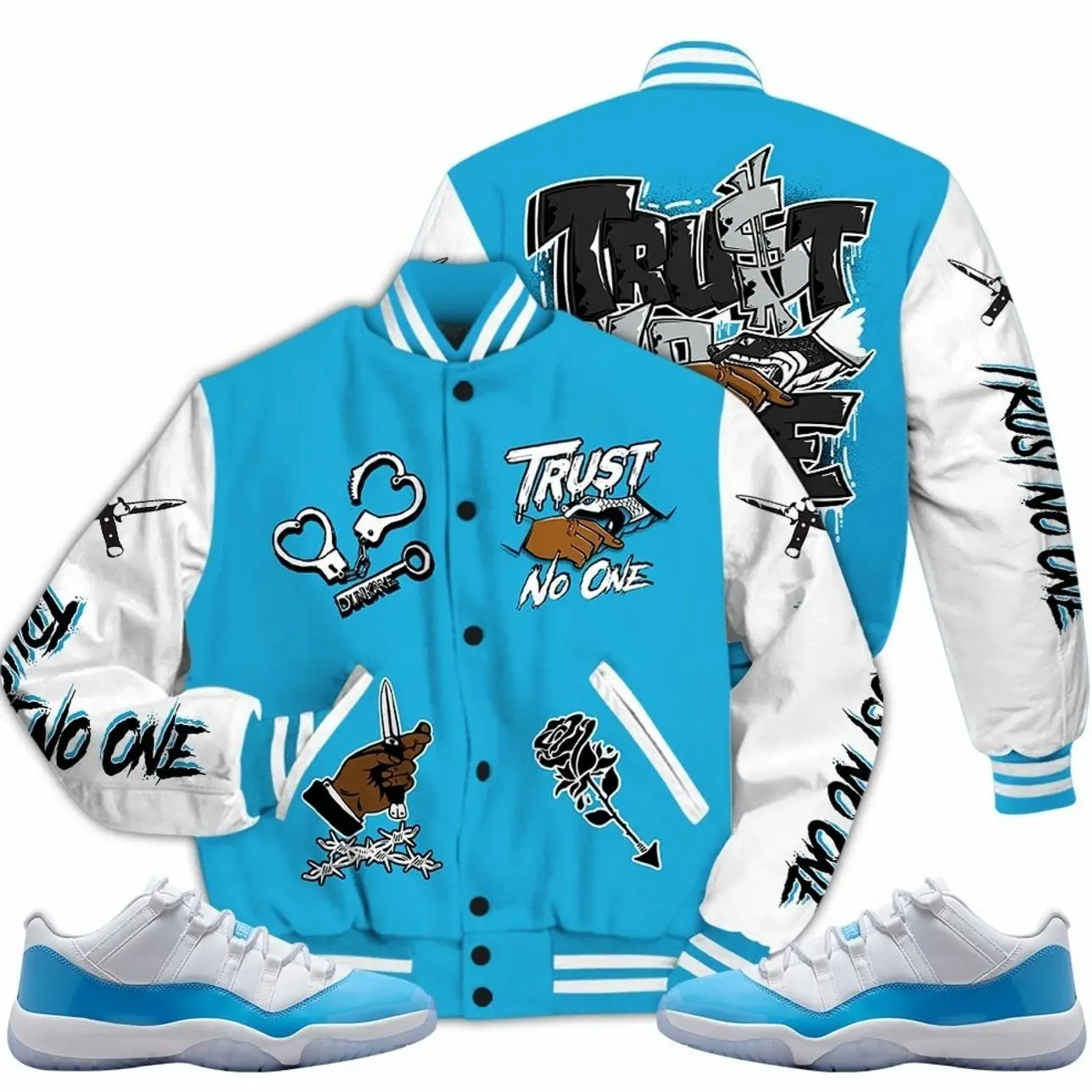 11 Low University Blue Varsity Jacket, Low University Blue 11s Outfits, Trust No One Unisex T-Shirts To Matching Sneakers