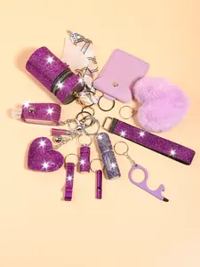 11-piece set of purple women rhinestone security key chain suit wristband key chain with storage bag and pompom card bag accessories kit, key chain suit, key chain accessories, strong material suitable for back-to-school sea, Keychain Jewelry
