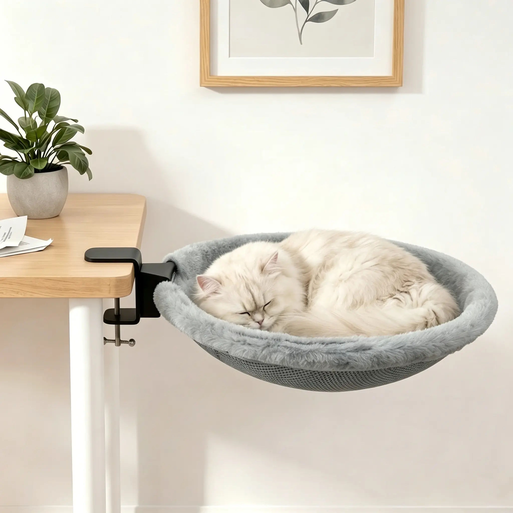 17.3" Extra Large Cat Desk Bed, 2 in 1 Cozy & Space-Saving Cats Bed for Desk, Cat Desk Hammock with Dual-Sided Reversible Mat -Maximum Hold Up to 40lb