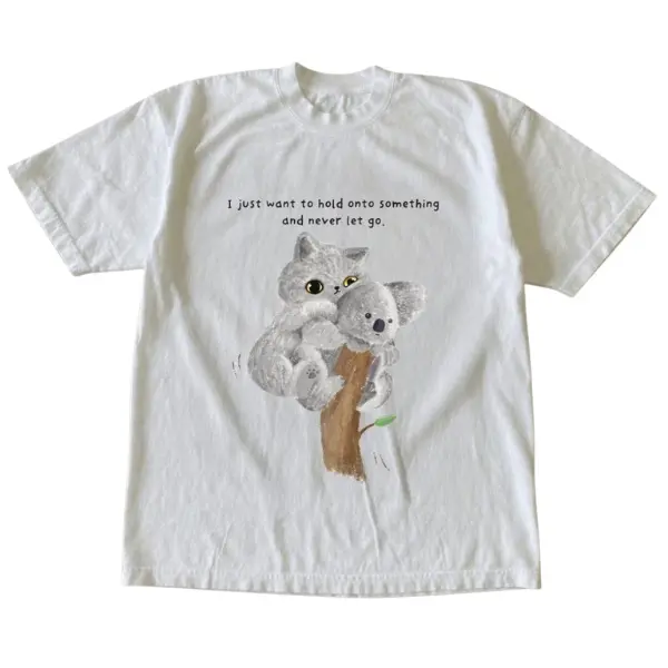 Cute Cat Hugging Koala Graphic T-Shirt, Watercolor Animal Illustration Tee, Whimsical Nature Lover Art Shirt, Cozy Woodland Wildlife, Unisex Soft Cotton Casual Gift Tee