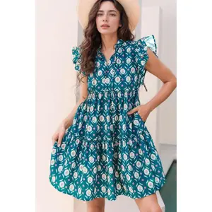 Printed Tie Neck Ruffled Cap Sleeve Dress