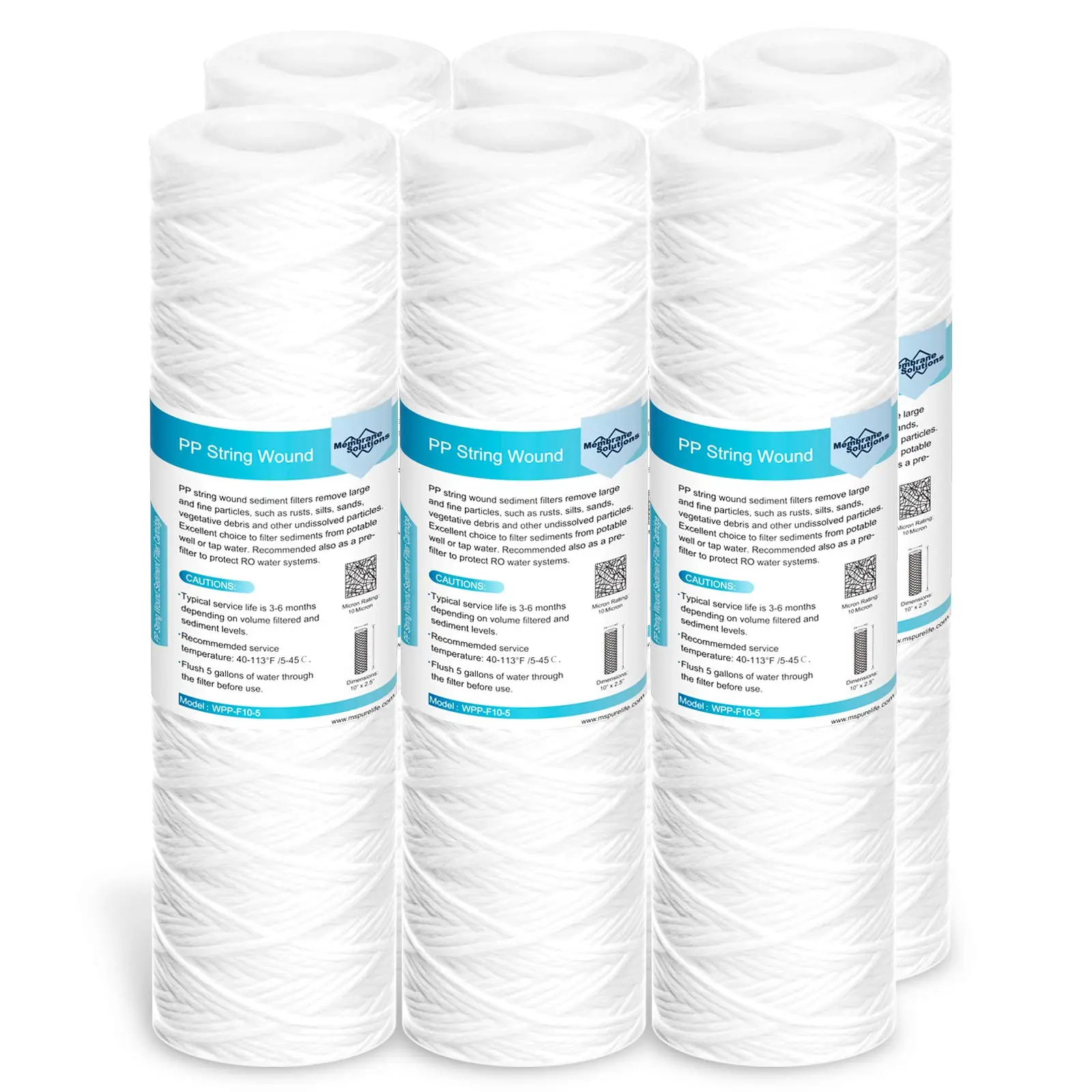 Membrane Solutions 10"x2.5" Cylindrical Plastic String Wound Whole House Water Filter Replacement Cartridge, Universal Fit Sediment Filter for Well Water & Reverse Osmosis, 5/10/20 Micron, 15,000-20,000 gal, 6 Pack