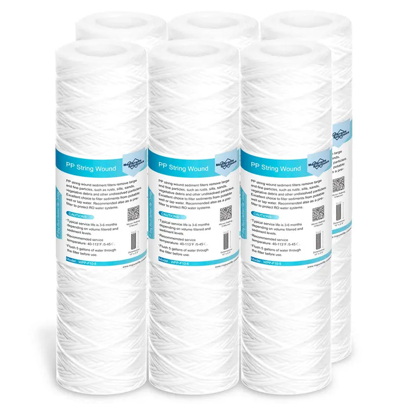 Membrane Solutions 10"x2.5" String Wound Whole House Water Filter Replacement Cartridge Universal Sediment Filters for Well Water - 5 /10 /20 Micron6 Pack