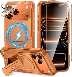 3 in 1 for iPhone 17 Pro Max Case [Compatible with MagSafe] [Invisible Kickstand] [HD Screen Protector] [Camera Lens Protector], Protective Magnetic Phone Cover for iPhone 17 Promax (Orange)