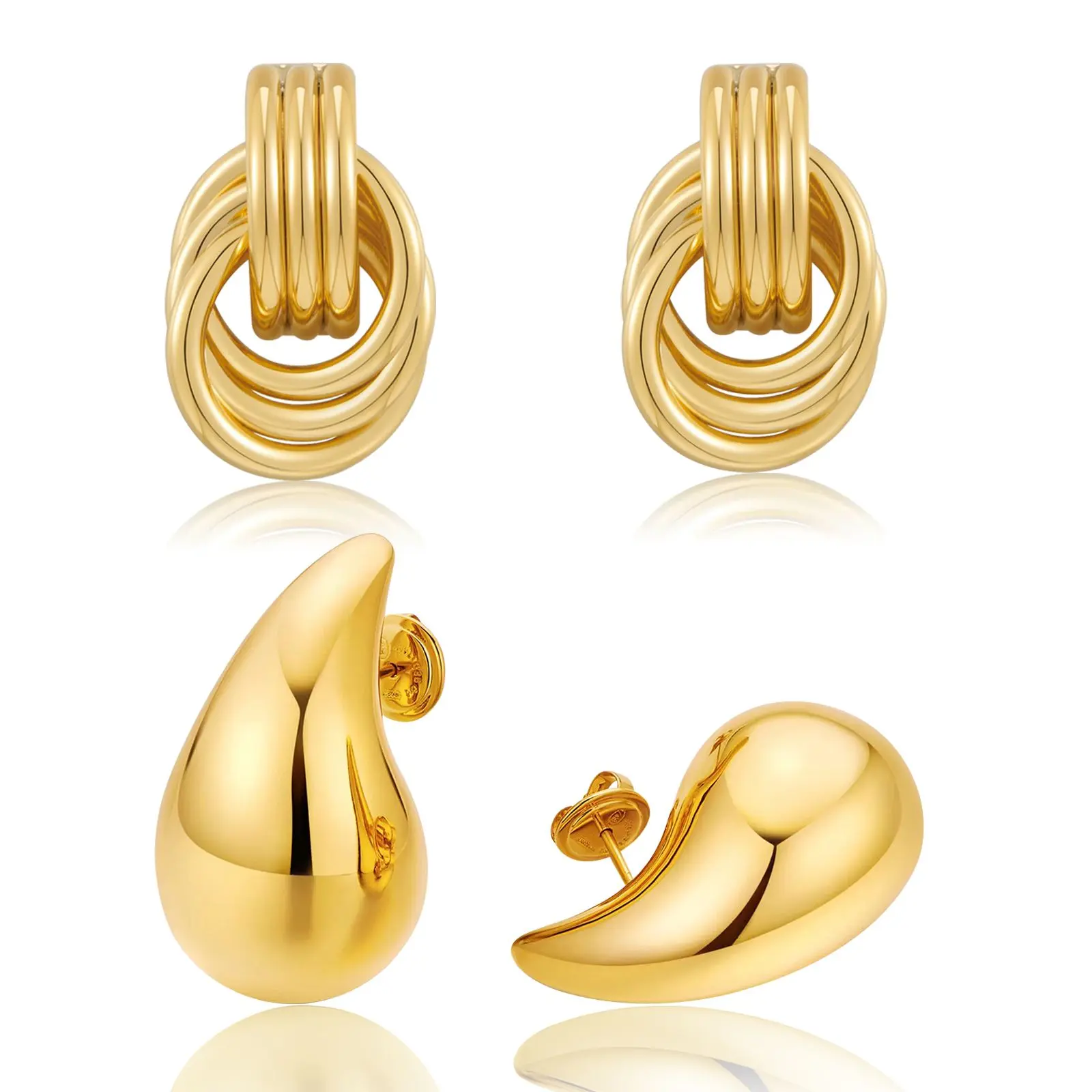 Women's Gold-Plated Copper Earrings Set - Irregular Circular & Gold Teardrop Designs, Asymmetrical Hoops & Studs, Copper Plated, Long Shine Chic Style Earrings, Durable Elegant Fashion Costume Jewelry, Plain, Evening Wear, Minimalist, Circular Earrings