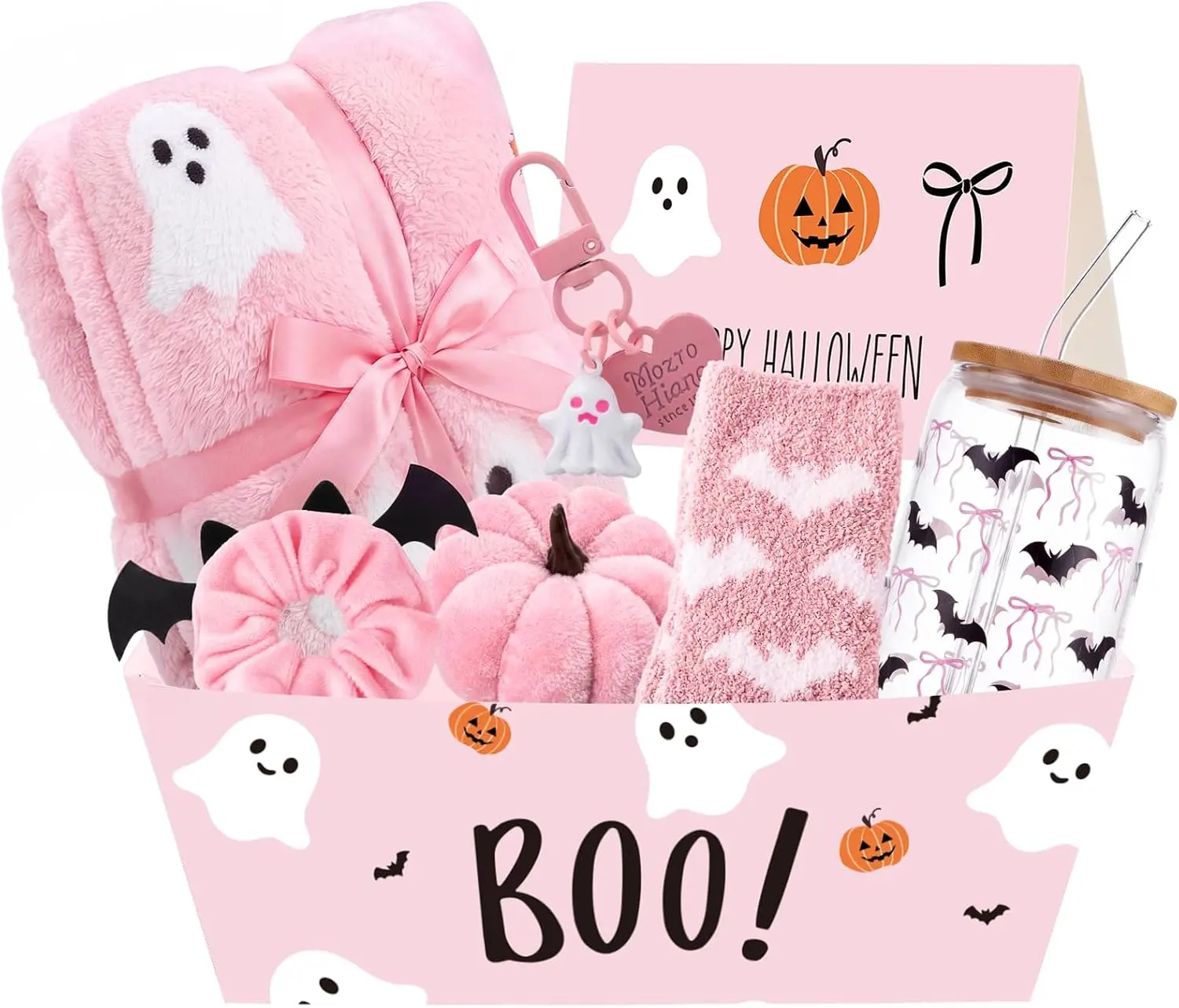 Halloween Fall Gift 8 Pcs Pink Boo Basket Stuffers Halloween Gifts for Women Girls Ghost Flannel Blanket 16oz Glass Tumbler Keychain Socks Pumpkin Decorations for Her Teens