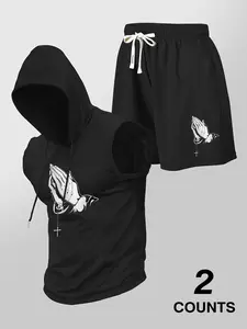 Men's Bird & Cross Print Short Sleeve Hoodie & Shorts Two-Piece Set, Casual Regular Fit Hooded Sweatshirt & Drawstring Waist Shorts, Men's Summer Clothes